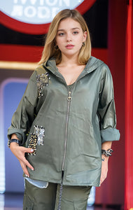 Pleather Hooded Jacket with Sequin Patches