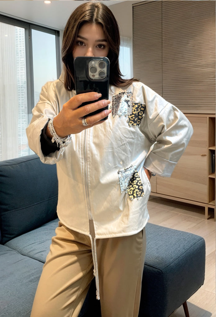 Pleather Hooded Jacket with Sequin Patches