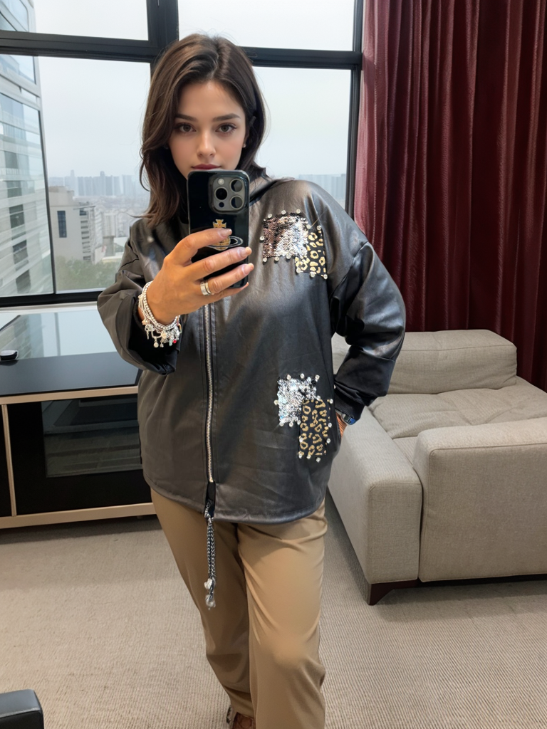 Pleather Hooded Jacket with Sequin Patches