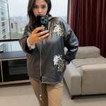 Pleather Hooded Jacket with Sequin Patches